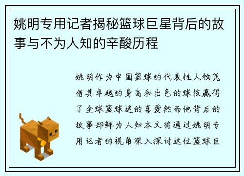 姚明专用记者揭秘篮球巨星背后的故事与不为人知的辛酸历程